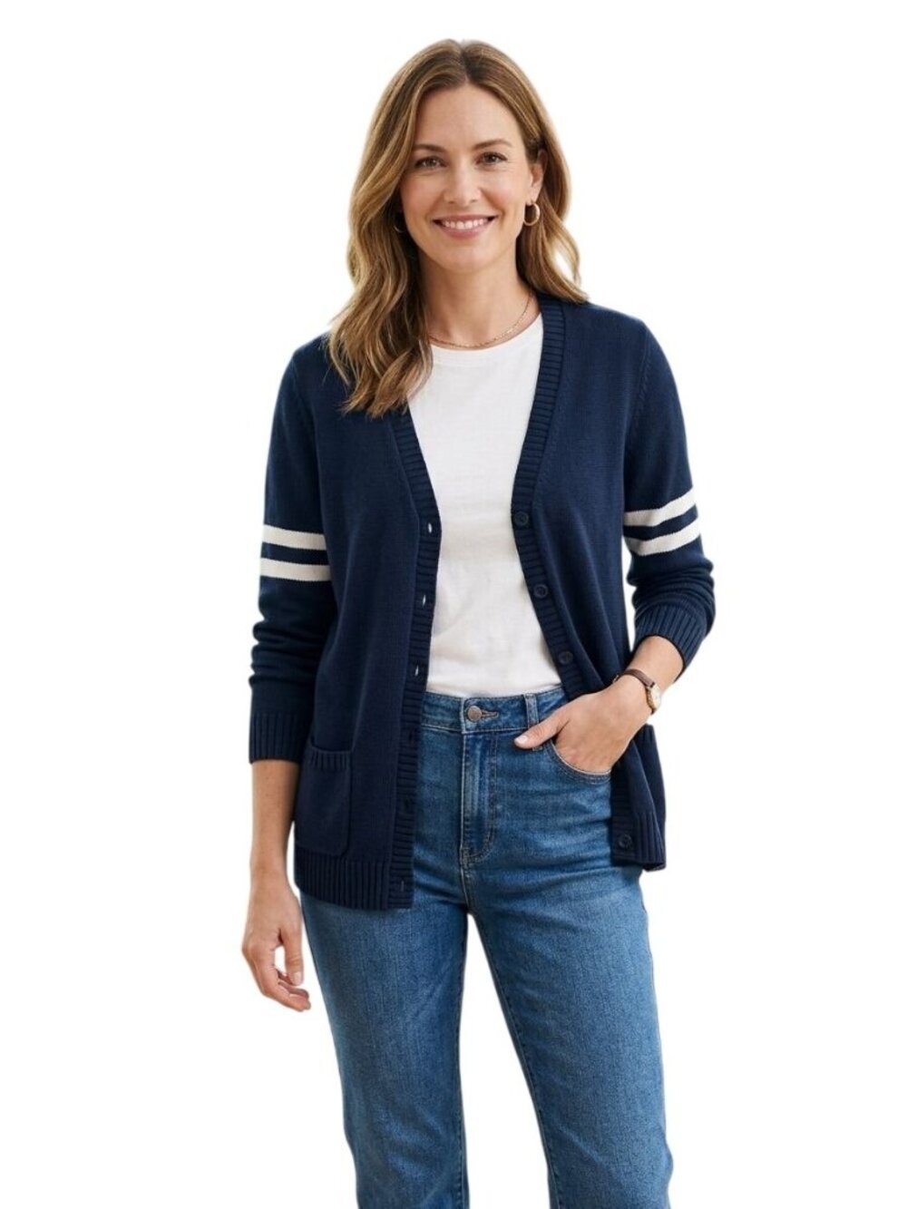 Lands' End Navy Striped Sleeve Collegiate Varsity VNeck Cardigan Sweater Size M